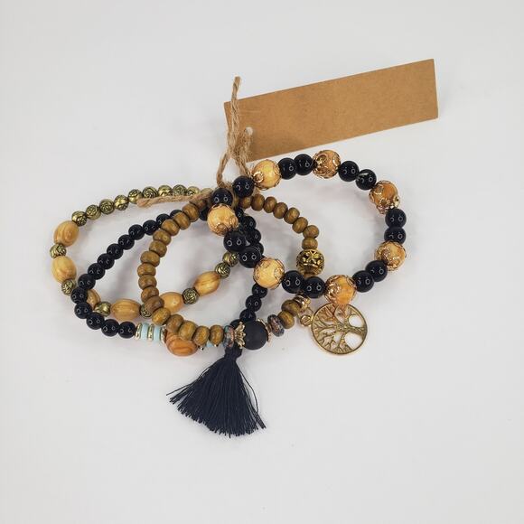 Black Beaded Boho Stretch Bracelet 4 pc Tree of Life Charm Bohemian One Size - Picture 6 of 9